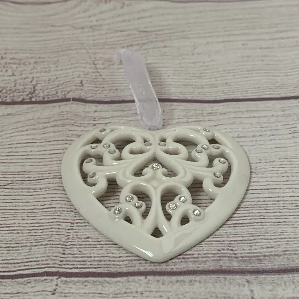 Regent Square Studio Porcelain Filigree Heart Ornament European Crystals Cream
